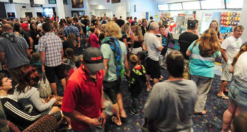The rain forced huge crowds to escape to the movies in Coffs Harbour. The rain forced huge crowds to escape to the movies in Coffs Harbour.